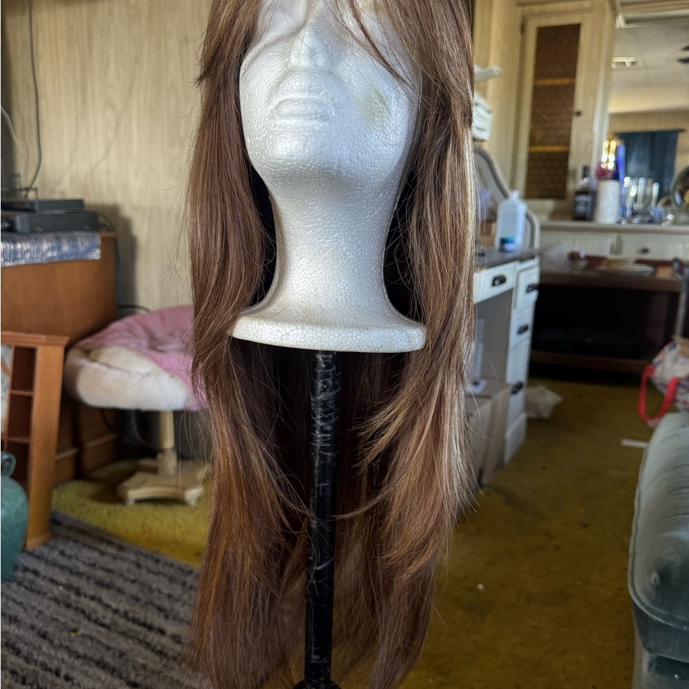 Long Brown Straight Wig with Side-Swept Bangs